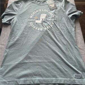 Life Is Good Men's Tee in Sage with Coffee Break Design